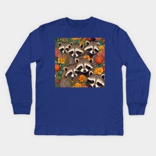 Raccoon Babies Cute Little Baby Raccoons and Flowers Kids Long Sleeve T-Shirt